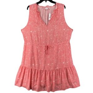 NWT GAP Dress‎ Womens XXL Coral Pink Sleeveless Mini Floral Drawstring Ruffle